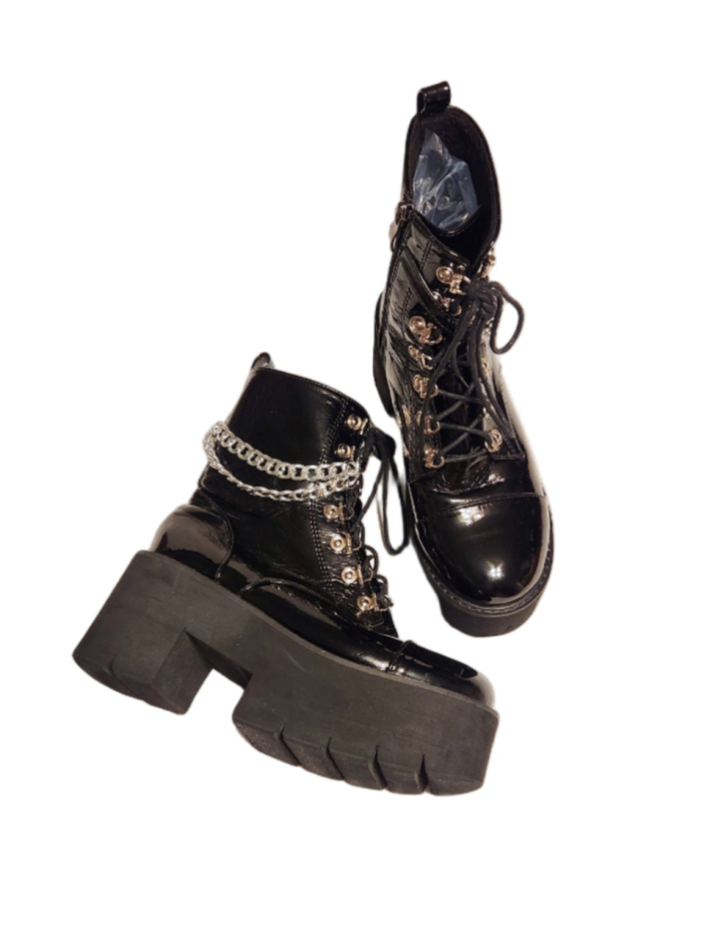 Black High Platform Silver Chain Accent Chunky Gothic Punk Ankle Boots 39/8